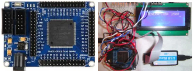 Figure 1: At the left, an image of the low-cost FPGA devel- devel-opment board used in this work and, at the right, the  exper-imental setup assembled that includes, besides the  develop-ment board, a 20 × 4 lines LCD display.