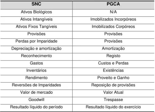 Tabela 4. Diferenças Terminológicas Identificadas entre o PGCA e o SNC 