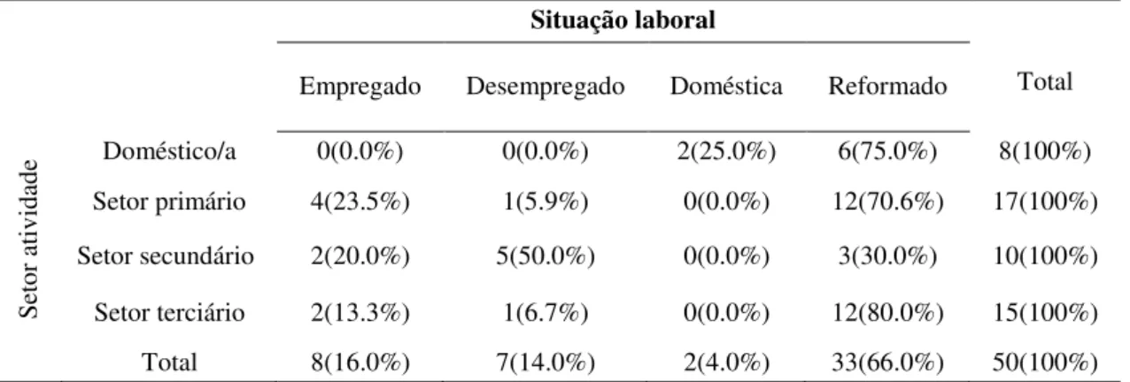 Tabela 12 - Tabela cruzada entre o setor de atividade e a situação laboral 