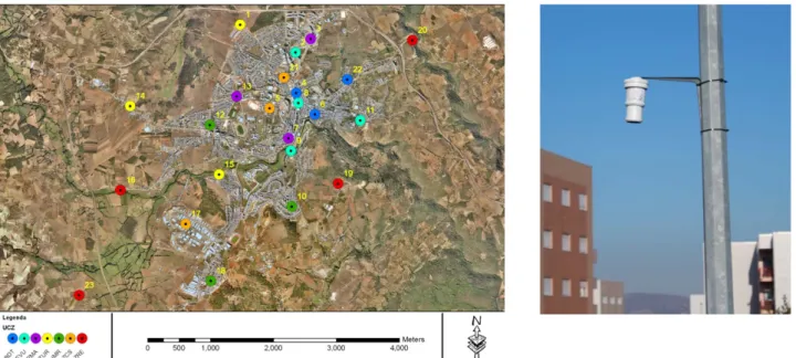 Figura 2. a) Mapa da superfície da cidade de Bragança e distribuição espacial dos pontos de medição; b)  detalhe dos sensores de temperatura e humidade relativa do ar TGP 4500