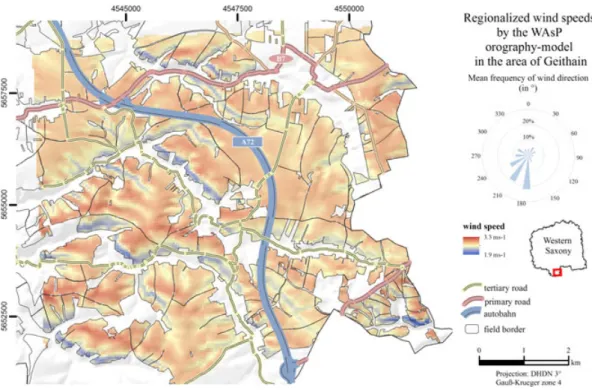 Figure 6. Regionalized wind speeds and direction according to the Wind Atlas Analysis and Application Program (WAsP) orography-model in the sub-region of Geithain