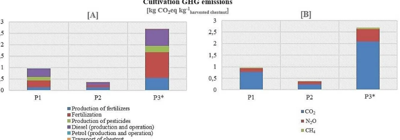Figure 2 - [A] GHG emissions from chestnut cultivation. [B] Contribution of GHG type to cultivation emissions