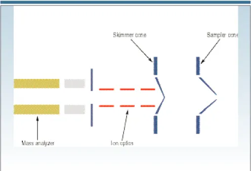 Figure 2. A generic ion focusing system, showing position of ion optics relative to the inter- inter-face cones and mass analyzer.