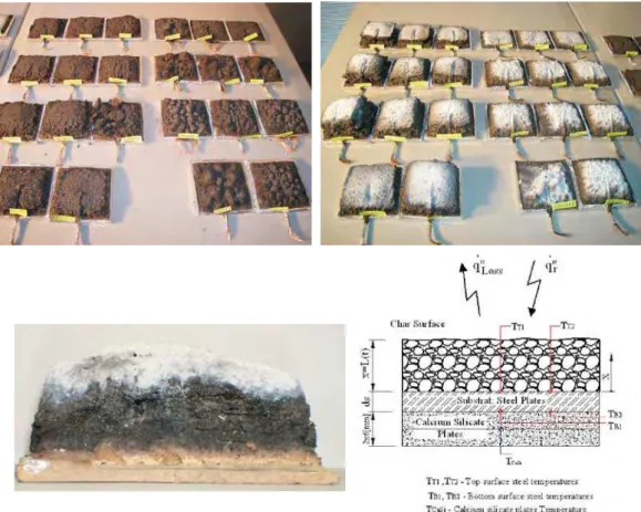 Fig. 2: Coated steel plates, with fixed thermocouples. Tested samples at 35 kW/m 2 and at 75 kW/m 2 , reference and position of the thermocouples.