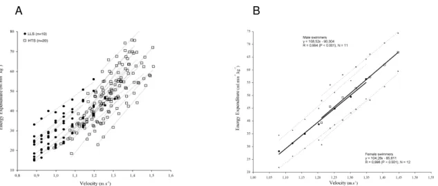 Figure 9. A - Economy scattergram (E vs. v) of a large sample of swimmers (n = 30), both  from the groups of low (LLS), and high level (HTS); B – Male and female mean (and 95% 