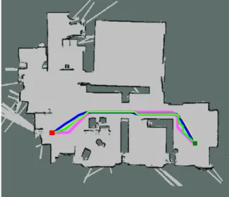 Fig. 5: Trajectories generated on the large map, by A⋆ applied to the methods of grid decomposition (pink), quadtrees decomposition (green), framed quadtrees decomposition (blue) and k-framed quadtrees (yellow), to the destination point P 2 .