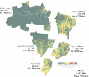 Figura 5  –  Potencial eólico estimado para vento médio anual igual ou superior a 7,0 m/s         Fonte: CEPEL (2001) 