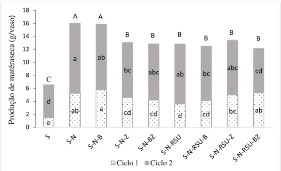 Figura 8 - Produção de matéria seca nas alfaces nos ciclos 1 e 2 com RSU. 