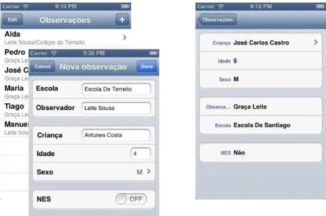 Fig. 2 – Observation views: listing, adding and details.