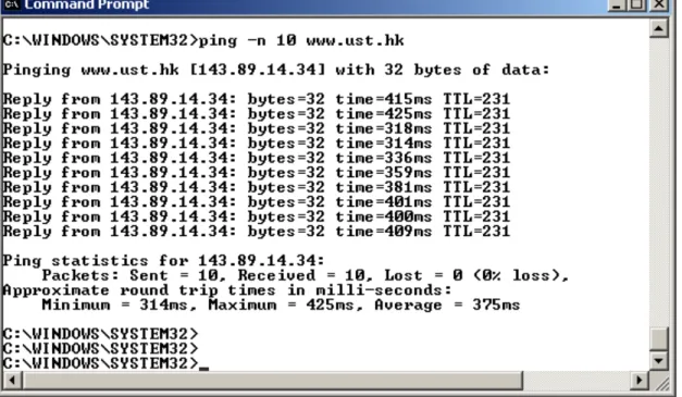 Figure 1 Command Prompt window after entering Ping command. 