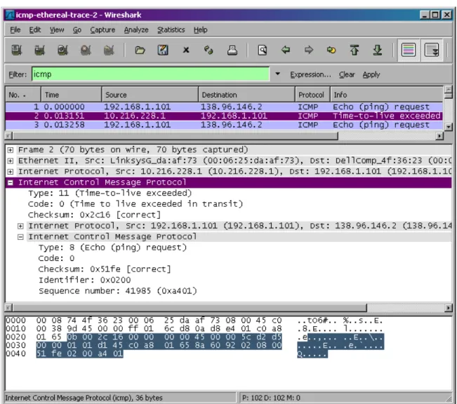 Figure 5 displays the Wireshark window for an ICMP packet returned by a router. Note  that this ICMP error packet contains many more fields than the Ping ICMP messages
