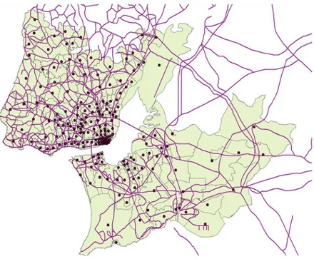 Fig. 1.3 LMA map displaying parish centroids, parish limits and the roads considered