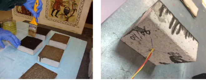 Fig. 1 – Preparation of test specimens  Fig. 2 – Thermocouples applied into specimen  The protection systems used in this work are only related to fire safety passive systems