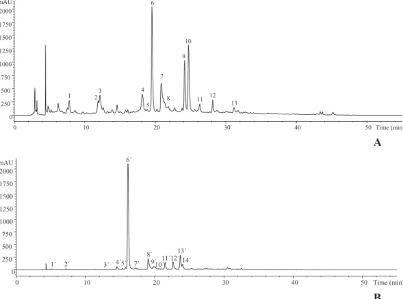 Fig. 1. Individual proﬁle of thyme (A) and peppermint (B) irradiated with 10 kGy recorded at 280.