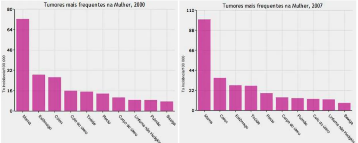 Figura 2.7: Taxas de incidência padronizadas de cancro na região Norte de Portugal em 2000 e 2007,  respetivamente (Ror13)