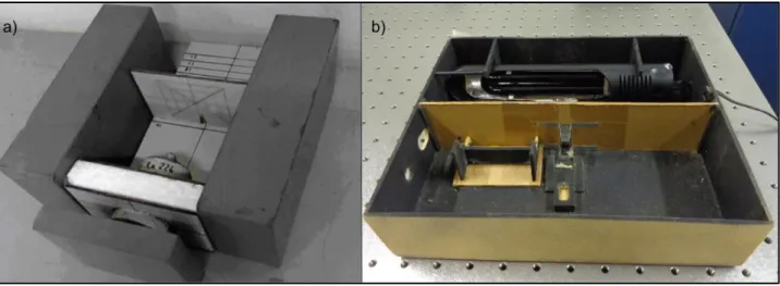 Figura 34  –  Aparato experimental montado para fixação da amostra e das fontes de GBA  e partículas alfa (a) e radiação UV(b)