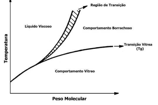 Figura 2- Comportamento físico dos polímeros amorfos relacionando temperatura e massa  molecular
