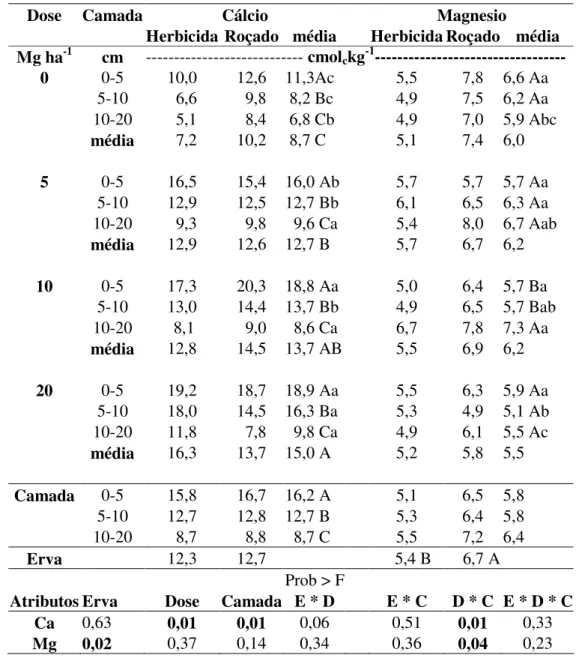Tabela  3.  Teores  de  Cálcio  e  Magnésio  no  Neossolo  Litólico,  cultivado  com  macieira,  manejado com dois sistemas de controles de ervas espontâneas e quatro doses  de cama de aves