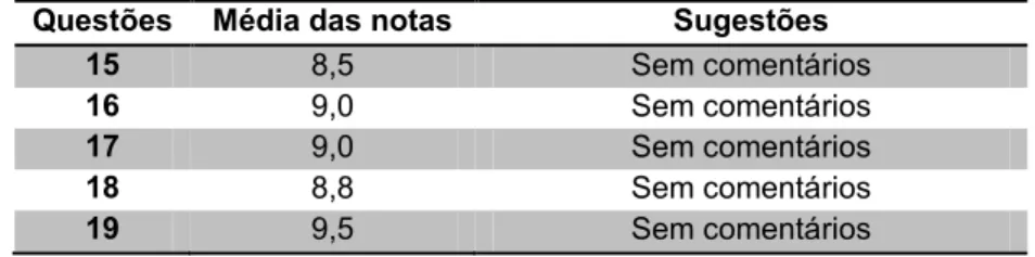 Tabela 5 – Notas de clareza e comentário das questões (n = 10). 