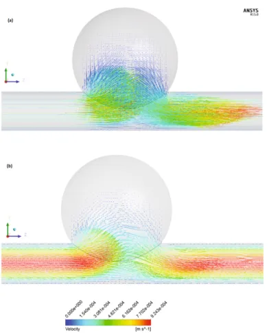 Fig. 5. Velocity vectors for the studied fl ow: (a) In the channel; (b) In the central plane of the channel.