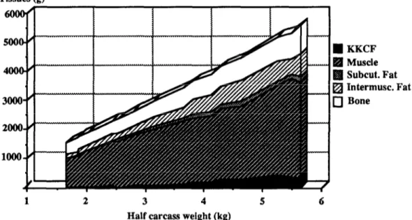 Fig.  1. Tissue  variation  in  relation  to  half  carcass  weight. 