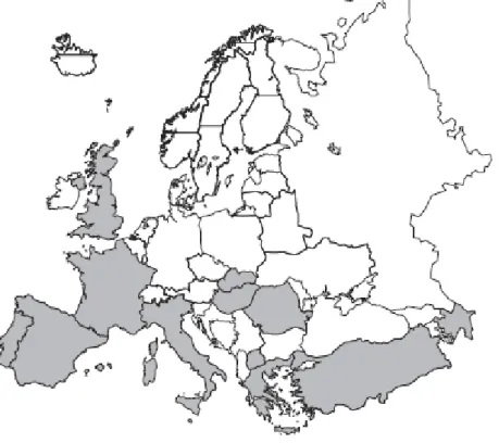 Figure  2. Distribution  map  of  ink  disease  on Castanea  sativa  .Countries  where  the  disease  has  been  registered  are marked in grey