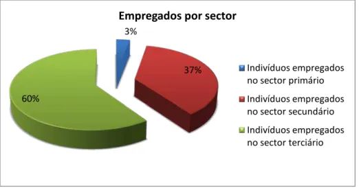Figura 3.6-Percentagem de indivíduos empregados por sector (fonte INE (2008)) 