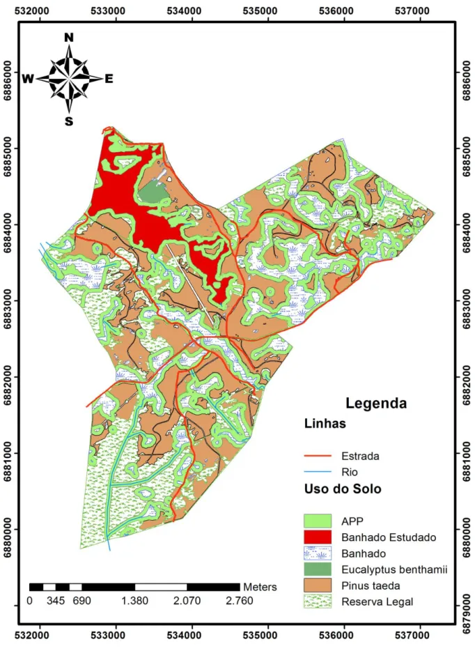 FIGURA  3  –   Mapa  da  Fazenda  Capão  da  Lagoa,  com  as  delimitações  de  uso  do  solo  e  indicação  da  área  estudada em vermelho, no município de Capão Alto, Santa Catarina (2011)