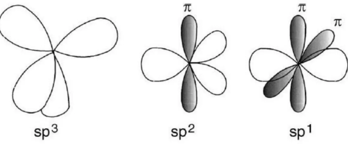 Figura  1:  Os  quatro  elétrons  mais  externos  do  carbono  são  capazes  de  se  organizarem  em  ligações  sp  linear, sp² trigonal planar e sp³ tetraédricas