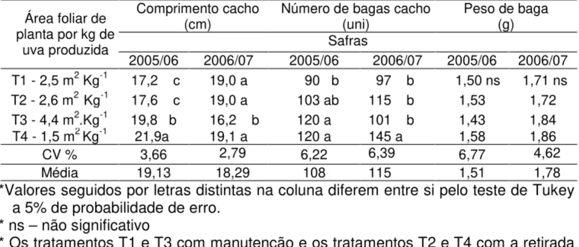 Tabela 3 Características físicas do cacho (comprimento, número de bagas e peso de  bagas)  da  uva  Merlot,  produzida  em  São  Joaquim/SC,  na  colheita  das  safras 2005/06 e 2006/07