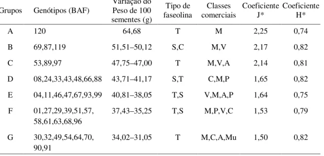 Tabela 05 - Agrupamento para os 112 genótipos de feijão baseado no peso de 100 sementes, classes comerciais,  tipo de faseolina, coeficiente de J e H, na safra 2005/06 do BAF, UDESC, Lages