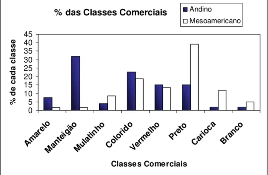 Figura 03 - Percentual  das  classes  comerciais  (amarelo,  manteigão,  mulatinho,  colorido,  vermelho,  preto,  carioca e branco) nos grupos Andino e Mesoamericano, da safra 2005/06 do BAF, UDESC, Lages