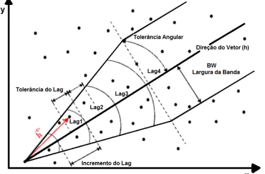 Figura 05. Parâmetros para o cálculo do semivariograma a partir de amostras irregularmente espaçadas em duas  dimensões