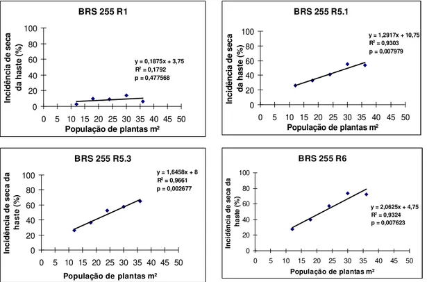 Figura 11 - Relação entre incidência de seca da haste e diferentes populações de plantas de soja BRS 255 RR,  nos  estádios  fenológicos  R1  (primeira  flor  desenvolvida  visível),  R5.1  (10  %  da  granação),  R5.3  (entre  25  %  e  50  %  da  granaçã