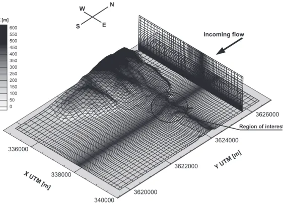 Fig. 2. Three-dimensional view of the computational domain and numerical mesh (contour levels every 50 m).