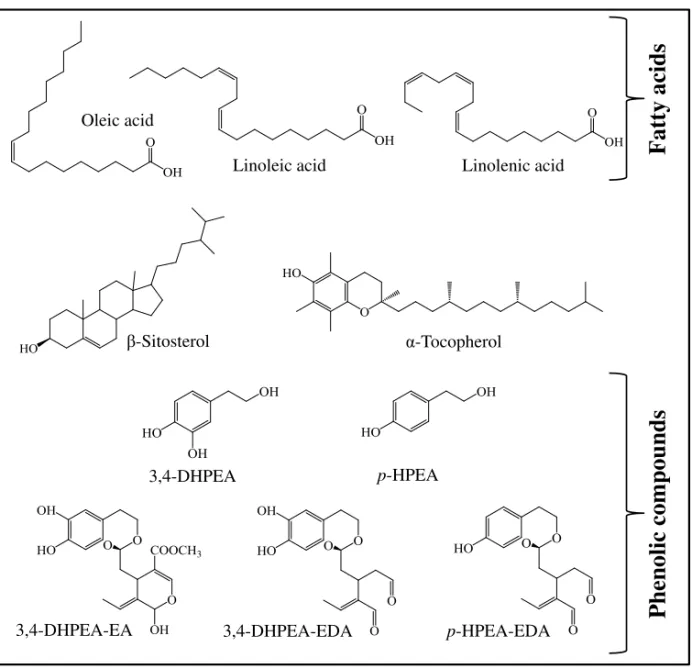 Figure 2. Olive oil components with nutritional and bioactive potential. (3,4-DHPEA  –  3,4-