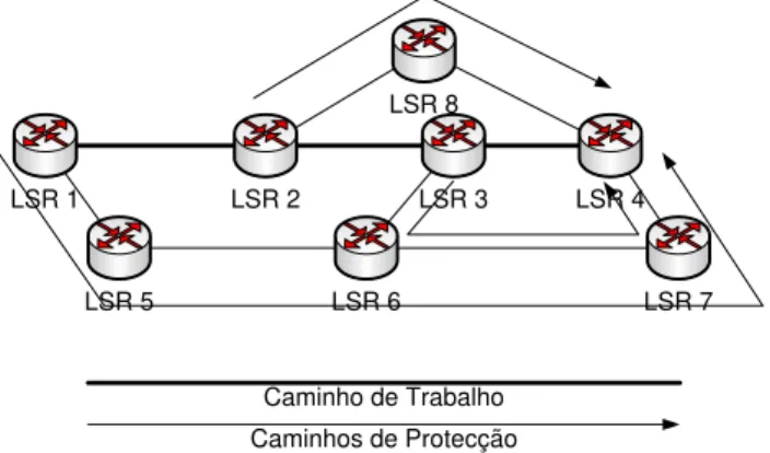 Figura 2.21: Exemplo com os vários caminhos de protecção de um LSP no One-to-one backup.