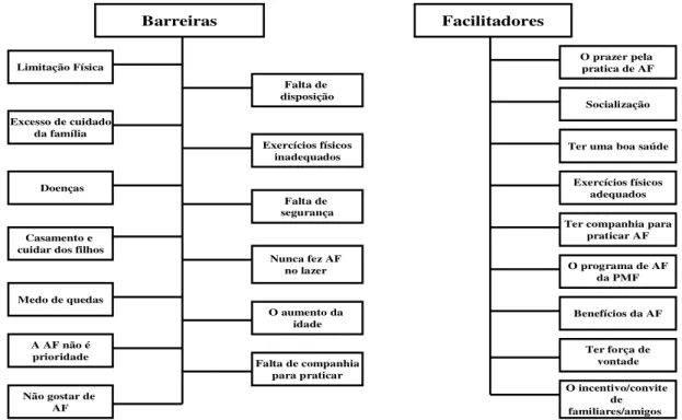 Figura  1:  Barreiras  e  facilitadores  para  a  prática  regular  de  atividades  físicas  de  idosas  longevas  inativas  fisicamente,  participantes  de  grupos  de  convivência  para  idosos  de  Florianópolis-SC