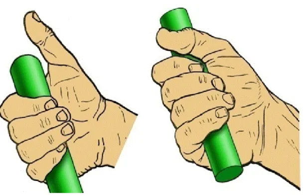 Figura 3. Preensões palmares: à esquerda, preensão dígito-palmar e à direita, preensão palmar plena