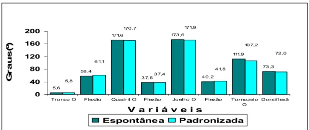 Figura 11 Alterações típicas de ângulos formas espontânea e padronizada para tronco, quadril, joelho e tornozelo durante o agachamento.