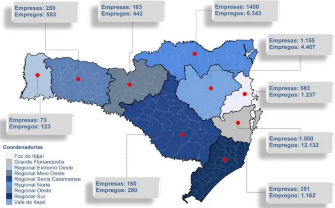 Figura 2  –  Localização das empresas e empregos do setor de tecnologia de Santa Catarina 