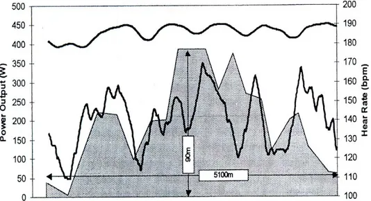 Figura 4. Resposta da FC e da W produzida durante a competição de XC. A linha  escura constante superior representa a FC (bpm) e a linha escura oscilante inferior, representa  a potência (w) (STAPELFELDT et al., 2004).