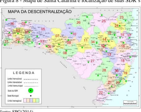 Figura 8 - Mapa de Santa Catarina e localização de suas SDR´s 