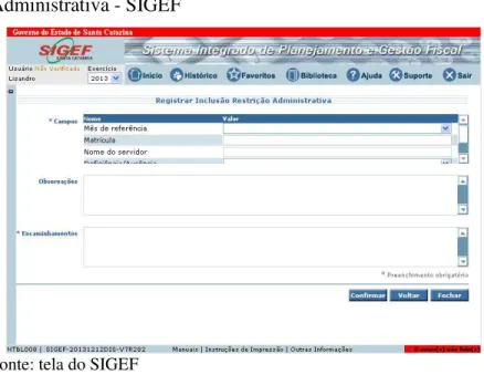 Figura  10  -  Tela  de  Registro  de  Inclusão  de  Restrição  Administrativa - SIGEF 
