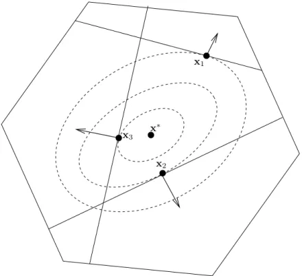 Figura 5.12: Itera¸c˜oes de um m´etodo de exclus˜ao de regi˜oes, mostradas sobre as curvas de n´ıvel de uma fun¸c˜ao cujo m´ınimo exato ´e x ∗ 