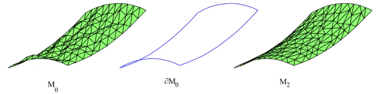 Figura 16 – Da esquerda para a direita, a superfície inicial M 0 com 121 pontos; a curva que deﬁne a fronteira da superfície miníma durante o algoritmo ∂M 0 ; e a superfície M 2 obtida pelo nosso algoritmo.