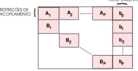 Figura 1.4: Estrutura bloco-angular com restri¸c˜ oes e vari´aveis de acoplamento.