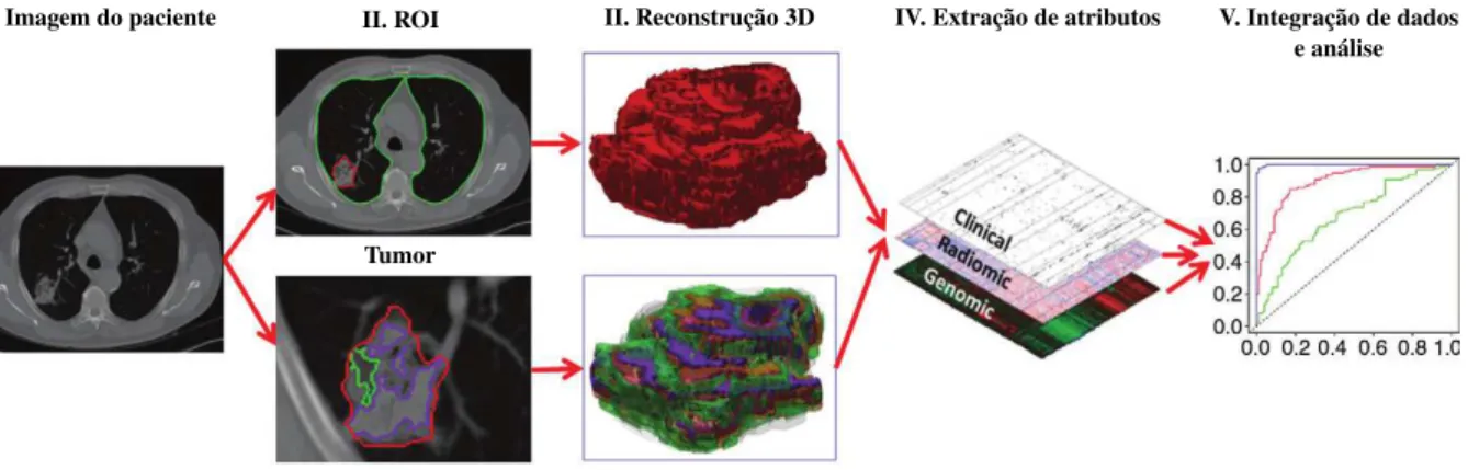 Figura 2.4: Ilustração do processo radiomics no auxílio a decisão. O processo se inicia com a aquisição de imagens de alta qualidade (I)