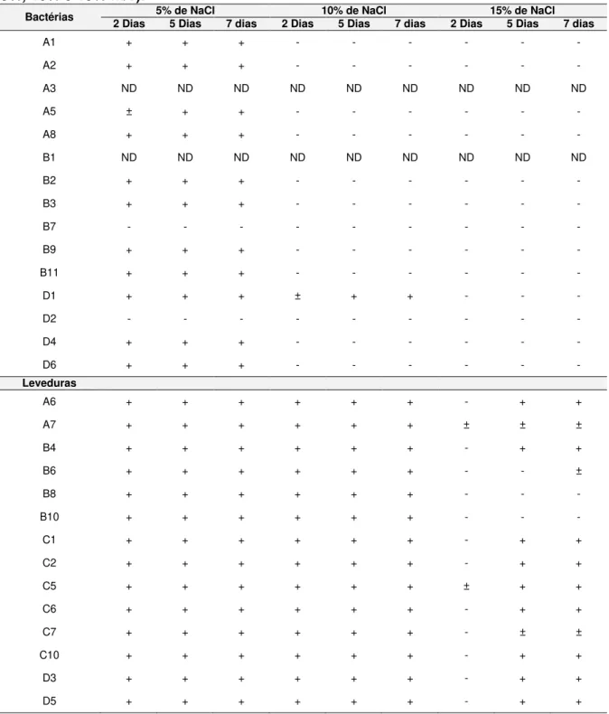 Tabela 5 - Crescimento dos isolados em meio com diferentes concentrações de NaCl  (5%, 10% e 15% m/v)