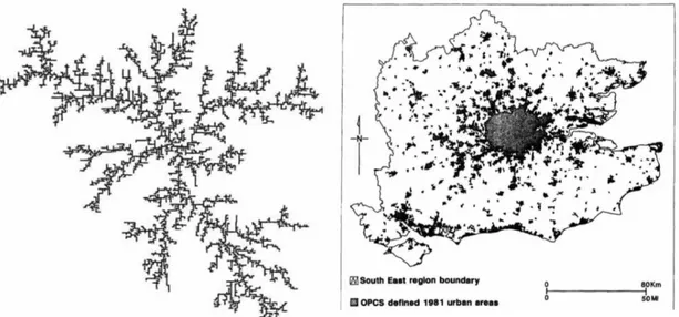 Figura 12  –  Crescimento dendrítico fractal como um gráfico simplesmente conexo (a), e Áreas urbanas no  sudeste da Inglaterra (b).